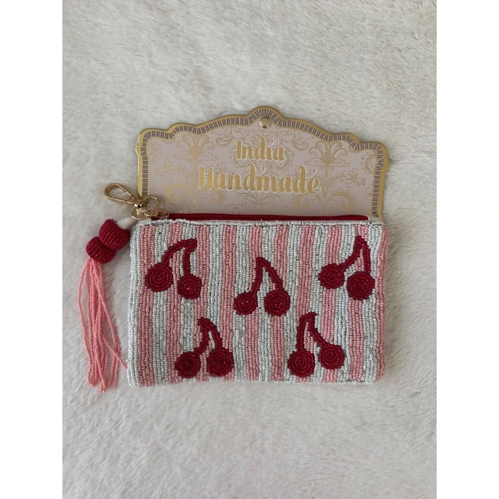 NWT Viral Cherries Stripes Beaded Pouch, Handmade India, tassel, Pink, White,Red